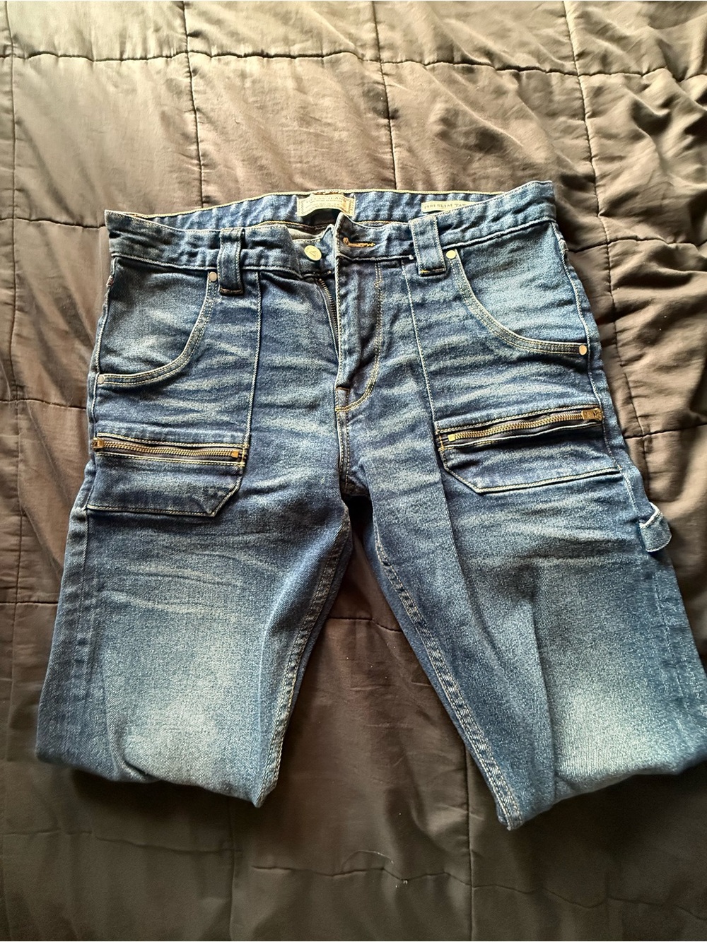 Guess Men's Blue Relaxed Cargo Jeans with Zippered Pockets
